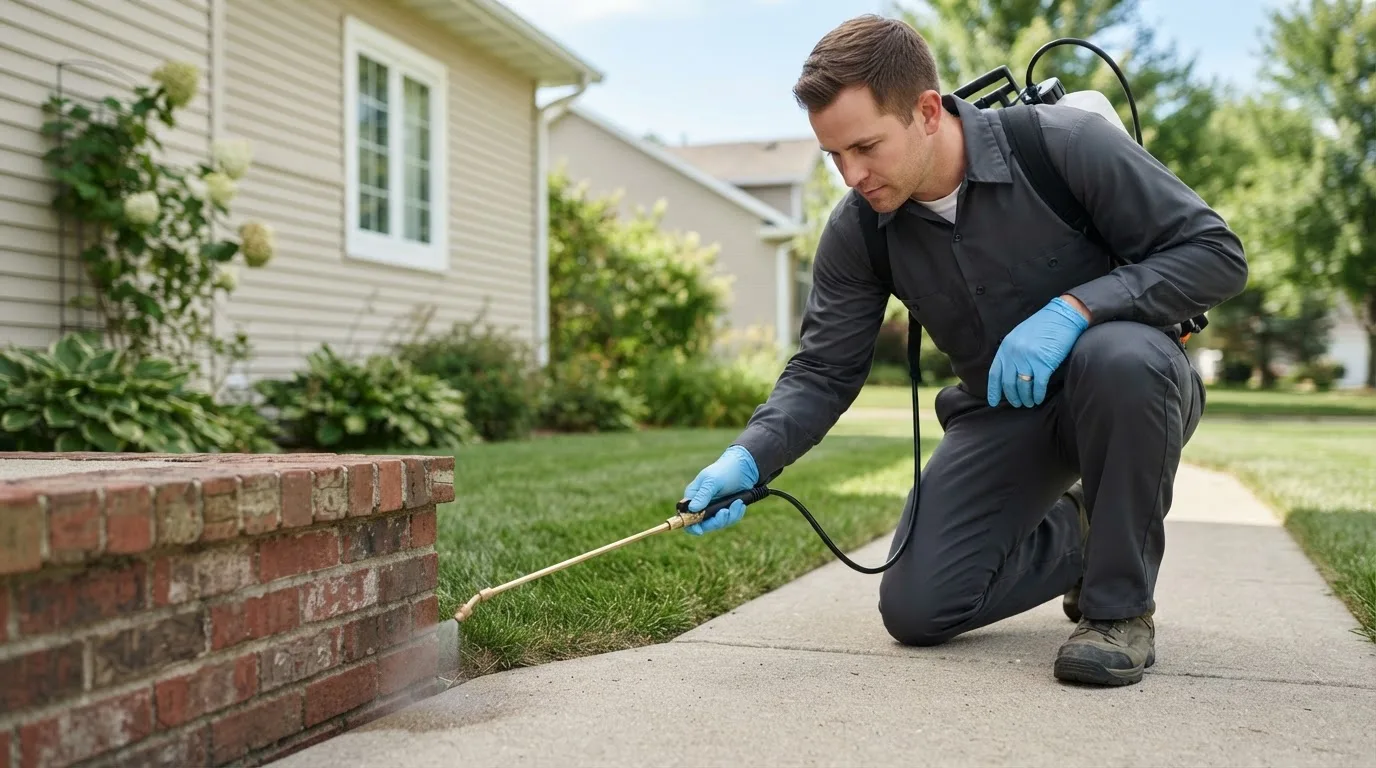 Pest control technician treating a home near Norvelt, PA